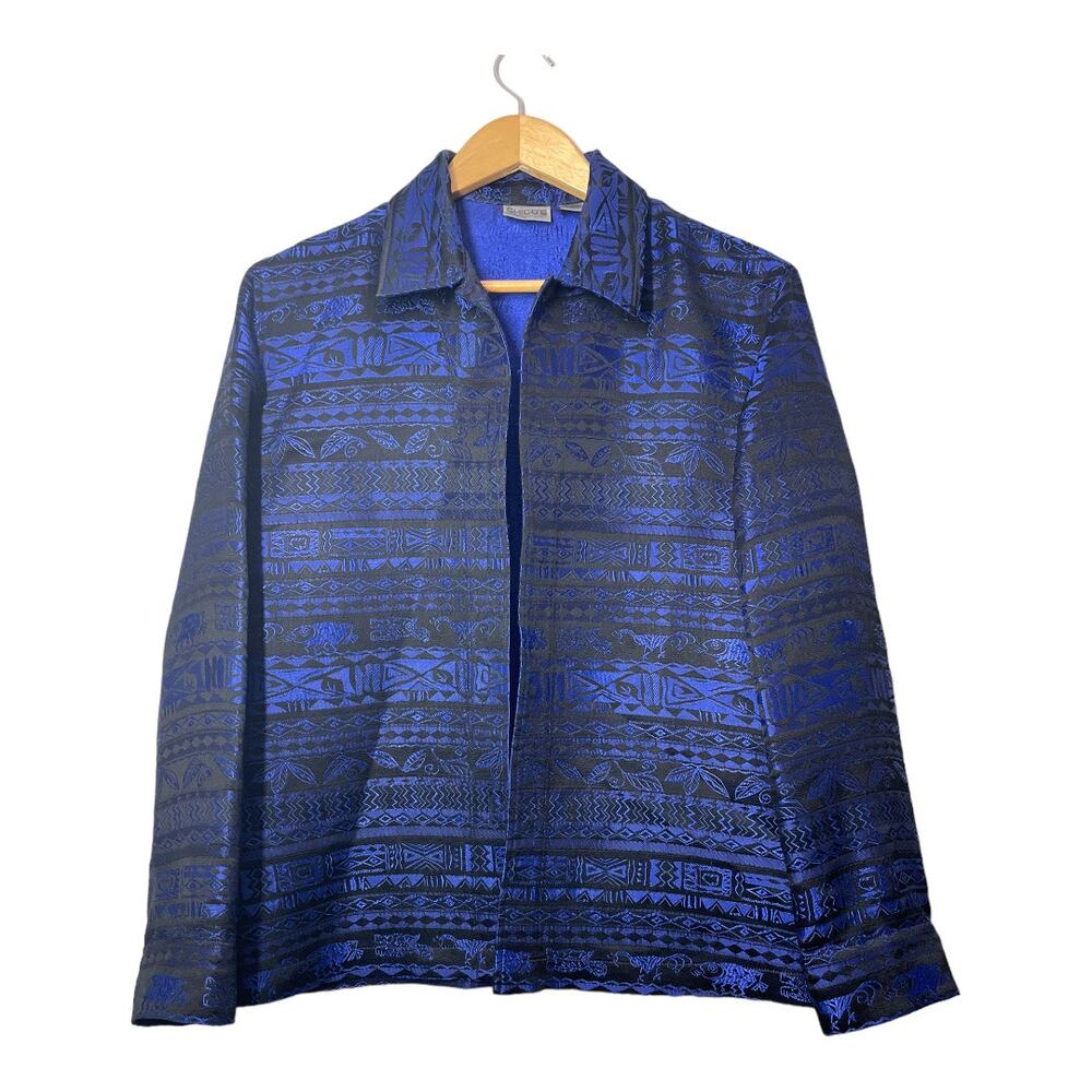 Chicos Open Blazer Blue Black Tribal Animal Silk Blend Artsy Sz chico 0 = Small